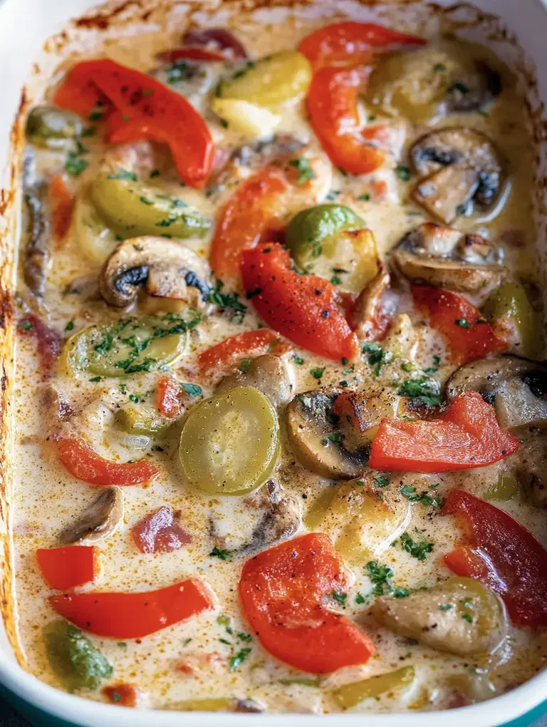Ein Auflauf mit buntem Gemüse, darunter Paprika, Pilze und grüne Oliven in einer cremigen Soße.