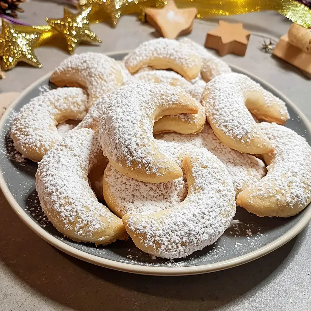Eine Platte mit Vanillekipferl, die mit Puderzucker bestreut sind, befindet sich im Vordergrund, umgeben von weihnachtlicher Dekoration.