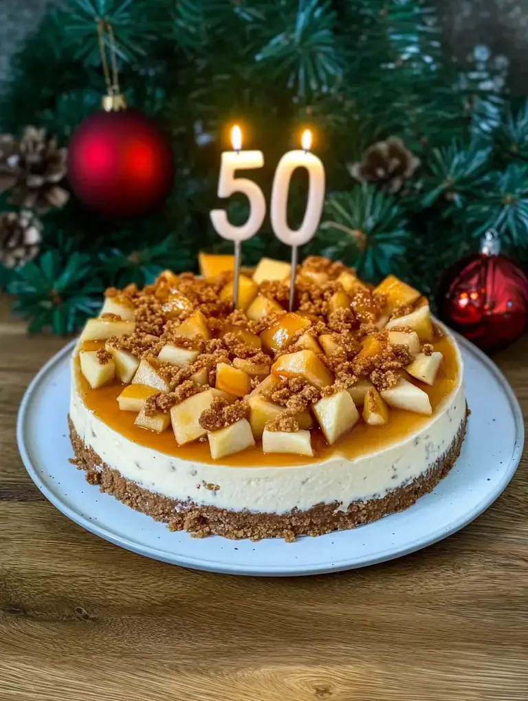 Ein Käsekuchen mit Äpfeln und Karamell, dekoriert mit einer "50"-Kerze, steht vor festlichem Hintergrund mit Weihnachtsdekoration.