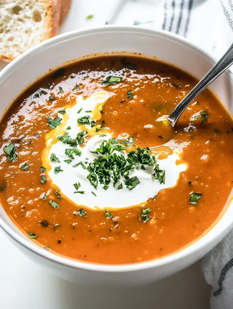 Eine Schüssel mit Tomatensuppe, garniert mit einem Klecks Sauerrahm und frischen Kräutern, neben einem Stück Brot.