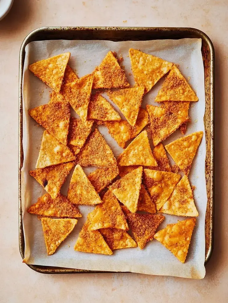 Ein Blech mit knusprigen, goldbraunen Tortillachips liegt auf einem Backpapier.