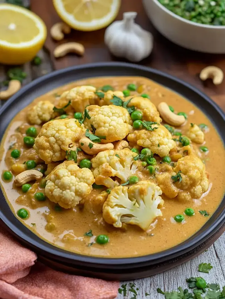Ein Teller mit Blumenkohl und Erbsen in einer cremigen Sauce, garniert mit Koriander, umgeben von Zitronenscheiben und Knoblauch.