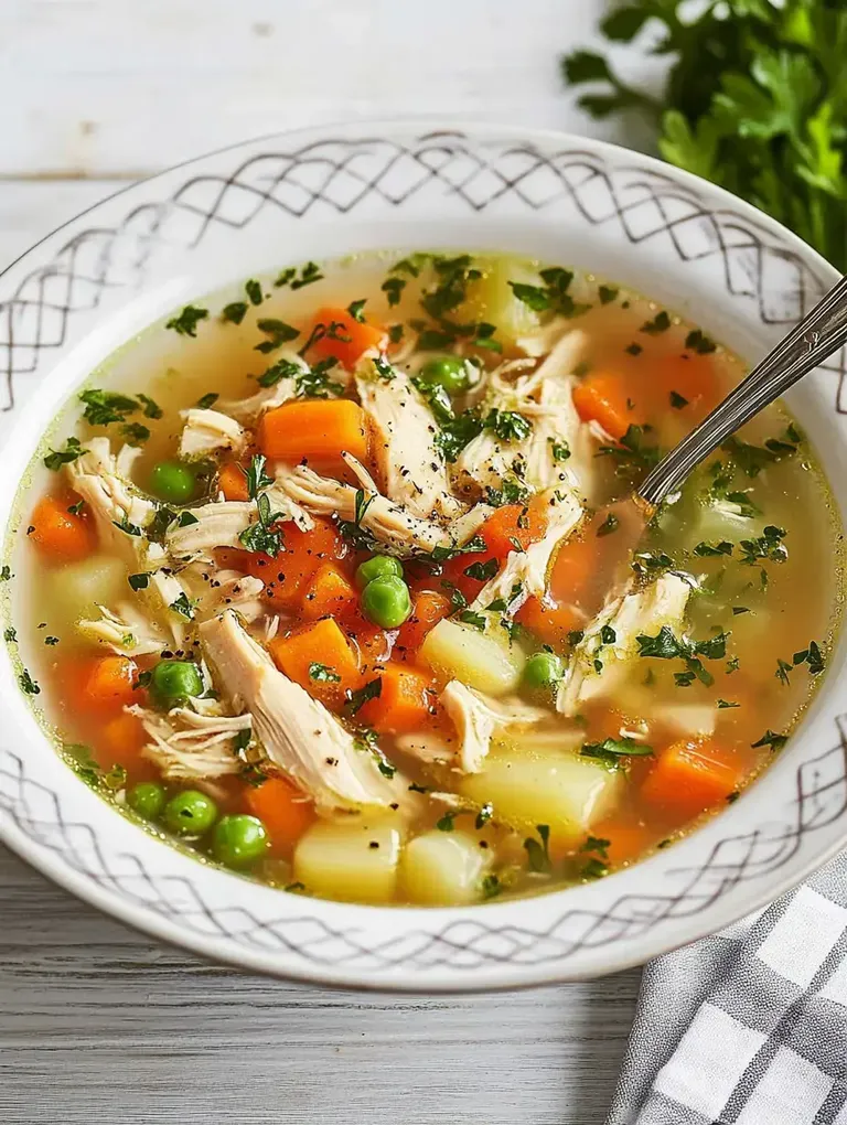 Eine Schüssel Hühnersuppe mit Gemüse wie Karotten, Erbsen und Kartoffeln, garniert mit frischen Kräutern.