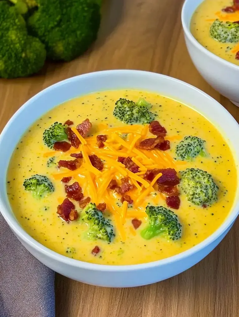 Eine Schüssel mit cremiger Brokkolisuppe, garniert mit Cheddar-Käse und Speckstückchen.