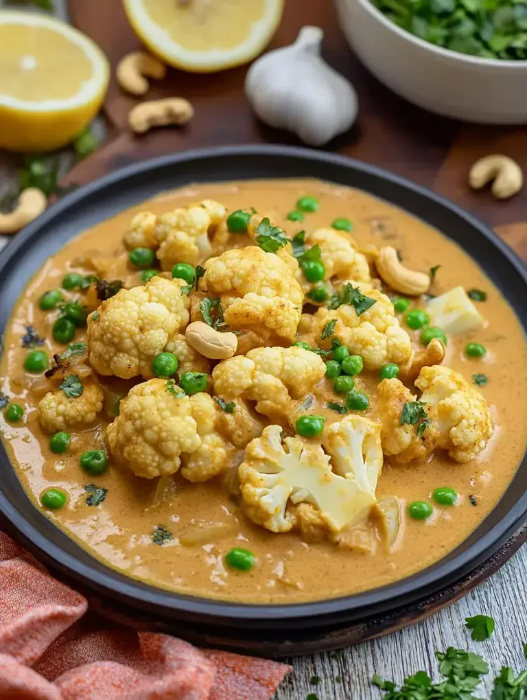 Ein Teller mit Blumenkohl in einer cremigen Sauce, garniert mit grünen Erbsen, Cashewnüssen und frischem Koriander, umgeben von Zitrone und Knoblauch.