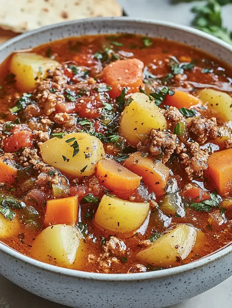 Eine Schüssel mit herzhaftem Eintopf, die Kartoffeln, Karotten, Tomaten und Hackfleisch enthält, garniert mit frischen Kräutern.