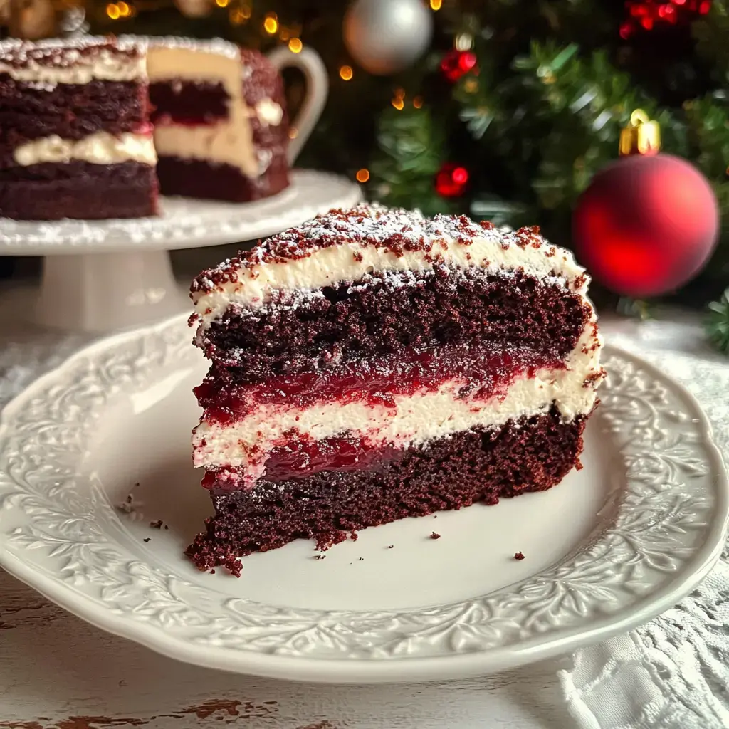Ein Stück Schokoladenkuchen mit einer Schicht aus Sahne und Fruchtgelee, dekoriert mit Puderzucker, vor einem festlichen Hintergrund.