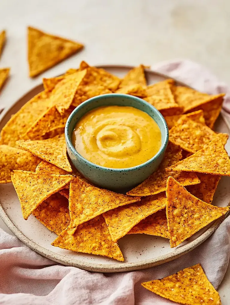 Eine große Portion tortillafarbener Nachos umgeben eine kleine Schale mit cremiger, gelber Dip-Sauce.