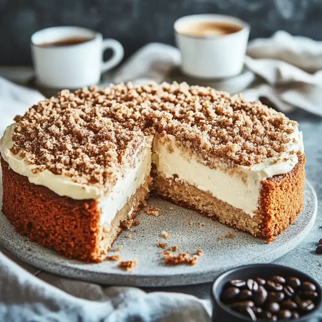 Ein geschnittener Kuchen mit einer cremigen Füllung und einer Krümeloberfläche liegt auf einem Teller, umgeben von Kaffeetassen.
