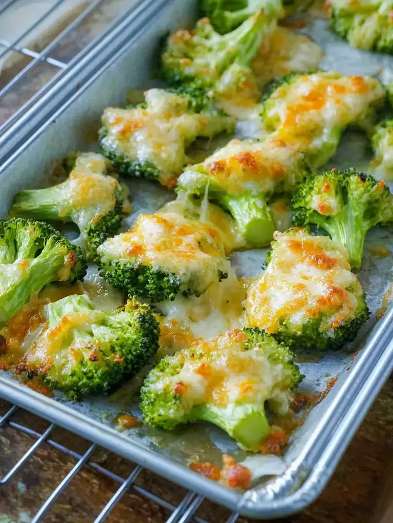 Gerösteter Brokkoli überbacken mit geschmolzenem Käse auf einem Backblech.