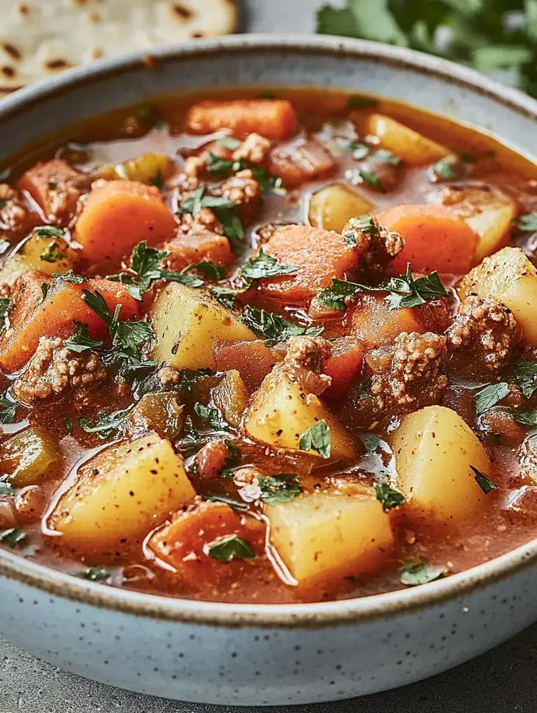 Eine Schüssel mit herzhaftem Eintopf aus Kartoffeln, Karotten, Hackfleisch und frischen Kräutern.