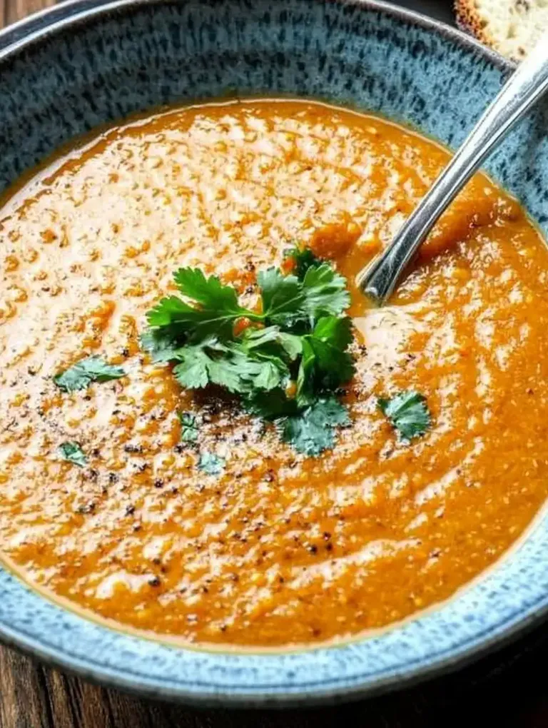 Eine Schüssel mit orangefarbener Suppe, garniert mit frischem Koriander und einem Löffel, auf einem rustikalen Holztisch.