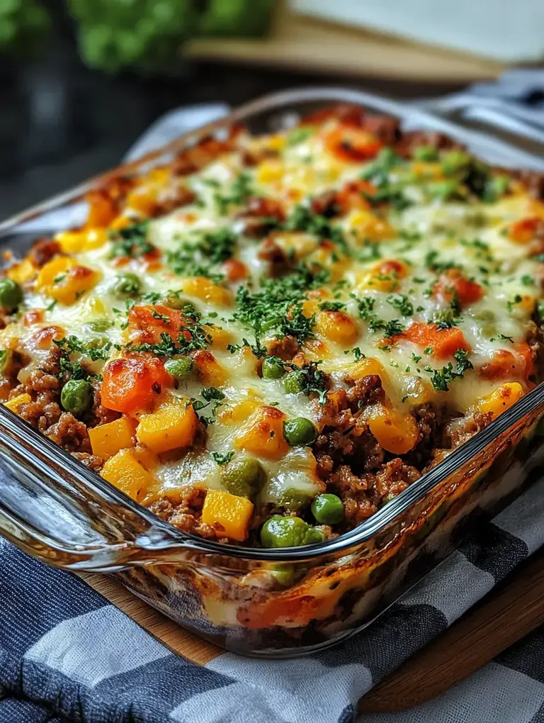 Ein Auflauf mit Hackfleisch und buntem Gemüse, überbacken mit geschmolzenem Käse und garniert mit frischen Kräutern.