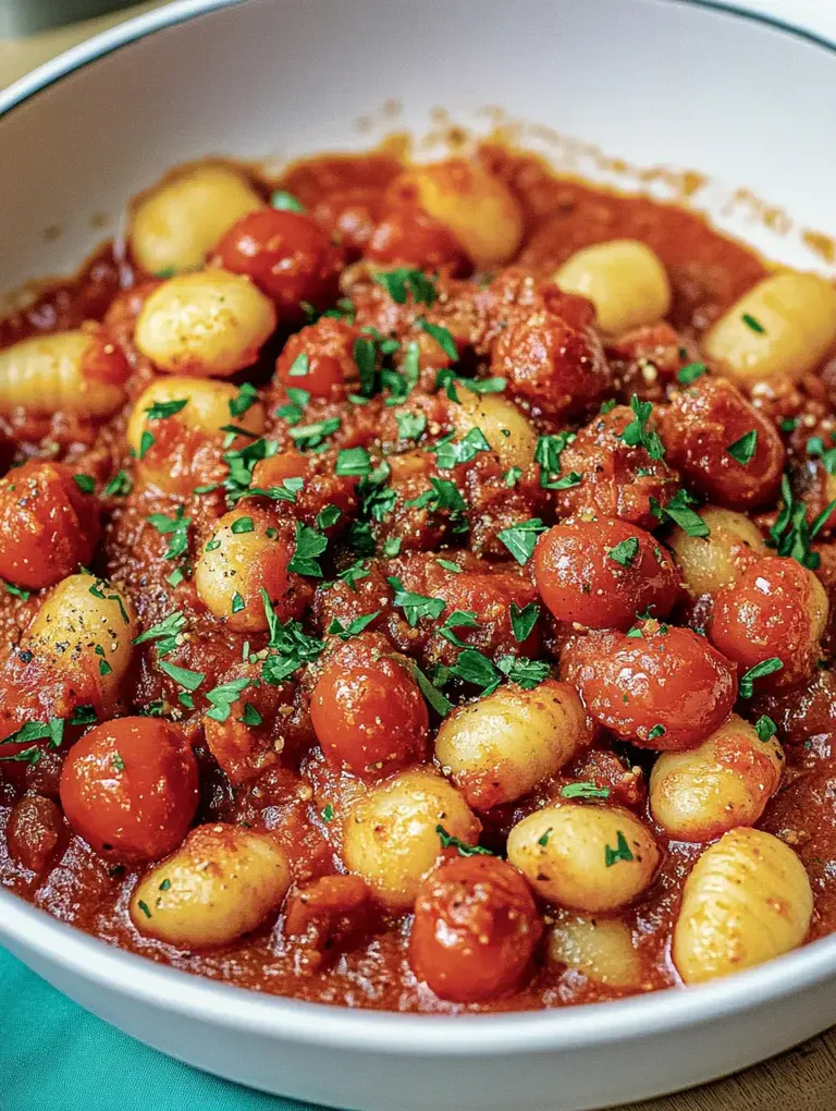 Ein Schüssel mit Gnocchi in Tomatensauce, garniert mit frischer Petersilie.