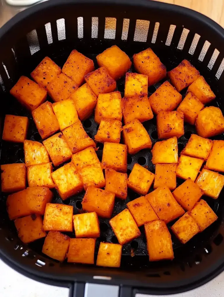 Quadratische Stücke von geröstetem Kürbis in einer Fritteuse.