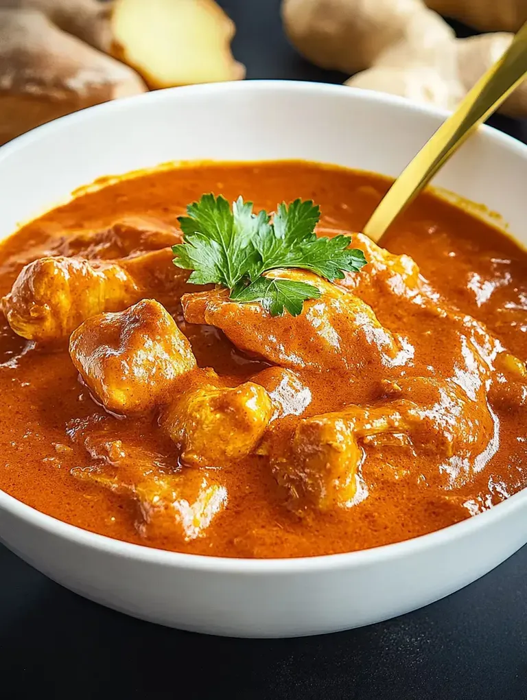 Ein weißes Schüsselchen mit würzigem Curry, garniert mit frischem Koriander und Stückchen von Fleisch.