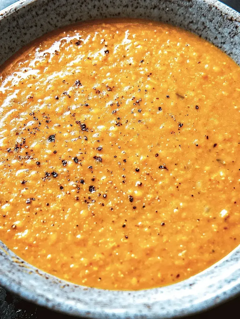 Eine Schüssel mit glatter, orangefarbener Suppe, die mit schwarzen Pfefferflecken dekoriert ist.