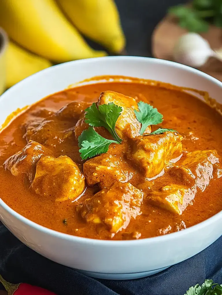 Eine Schüssel mit cremigem Curry, garniert mit frischem Koriander, vor einem Hintergrund mit Bananen.
