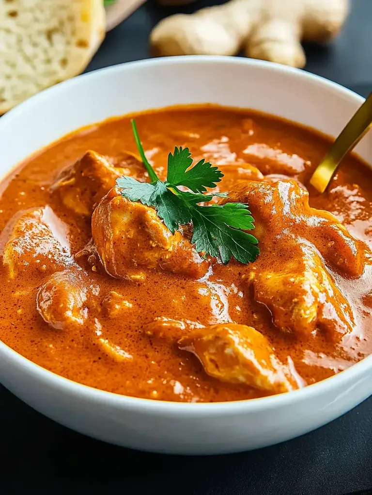 Eine Schüssel mit saftigem Hühnchen in cremiger, roter Sauce, garniert mit frischem Koriander.