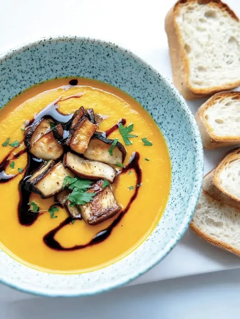 Eine Schüssel mit Kürbissuppe, garniert mit gebratenen Pilzen und frischer Petersilie, neben ein paar Scheiben Brot.
