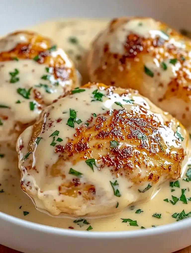 Zwei knusprig gebratene Stücke Fleisch in einer cremigen Sauce, garniert mit frischer Petersilie.