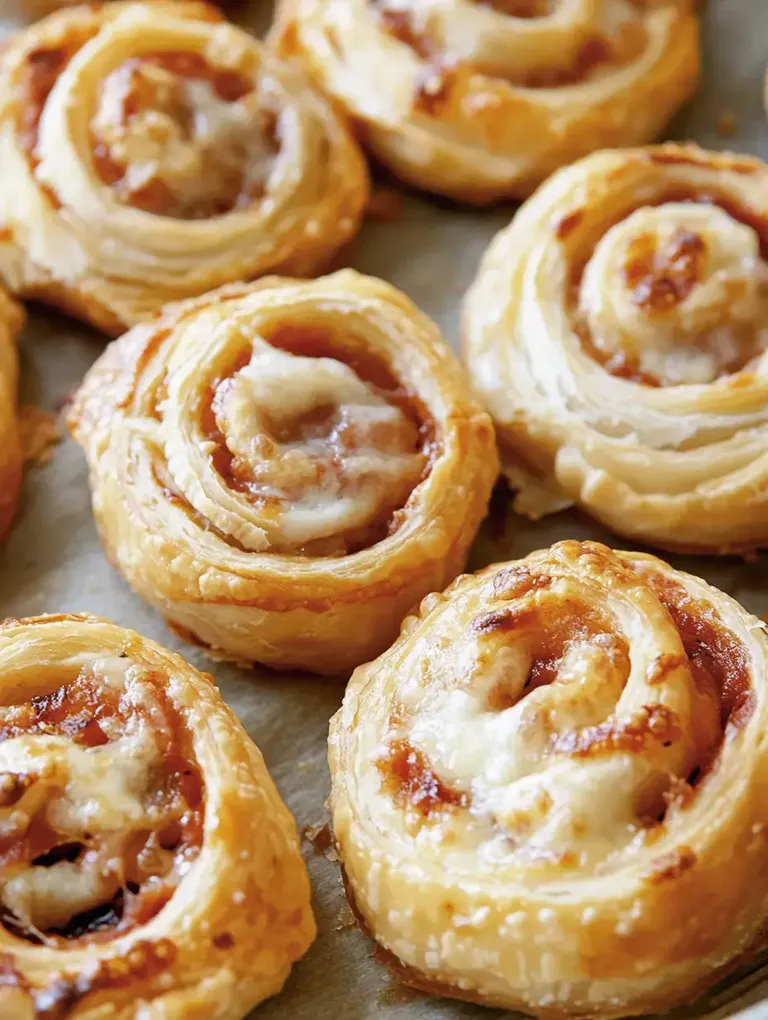 Eine Nahaufnahme von frisch gebackenem Blätterteiggebäck in spiraliger Form, gefüllt mit einer Käse- und Tomatensauce.