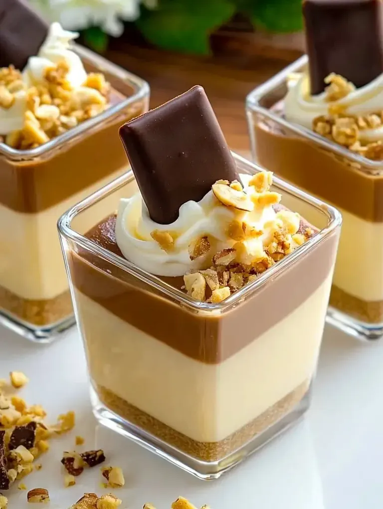 Ein Dessert in einem Glas mit Schichten aus Vanillepudding, Schokoladenpudding, Sahne, gehackten Nüssen und einem Schokoladenstückchen obenauf.