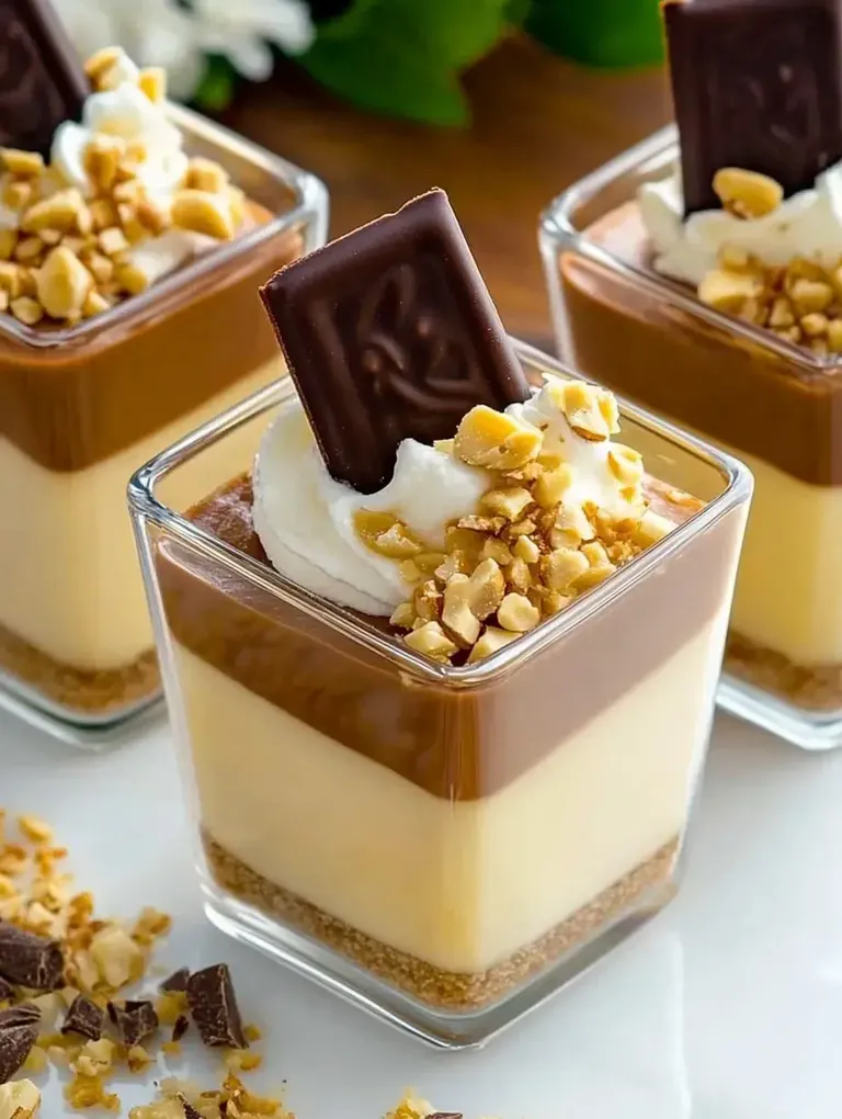 Drei Dessertgläser mit Schichten aus Pudding, einer Haube aus Sahne, gehackten Nüssen und einer Schokolade oben drauf.