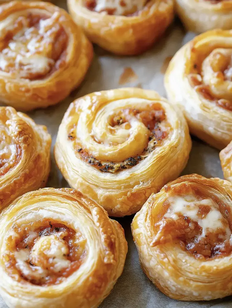 Ein Blech mit frisch gebackenen, spiralförmigen Blätterteigschnecken, gefüllt mit einer Mischung aus Käse und anderen Zutaten.