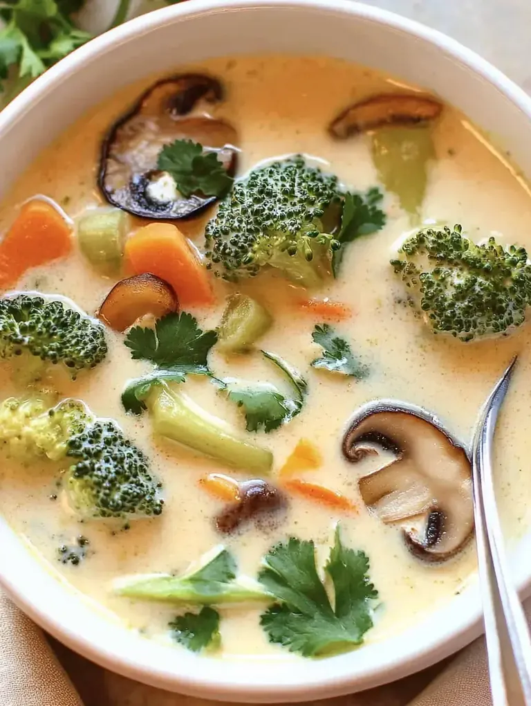 Eine cremige Gemüsesuppe mit Brokkoli, Karotten, Sellerie und Pilzen, garniert mit Koriander.