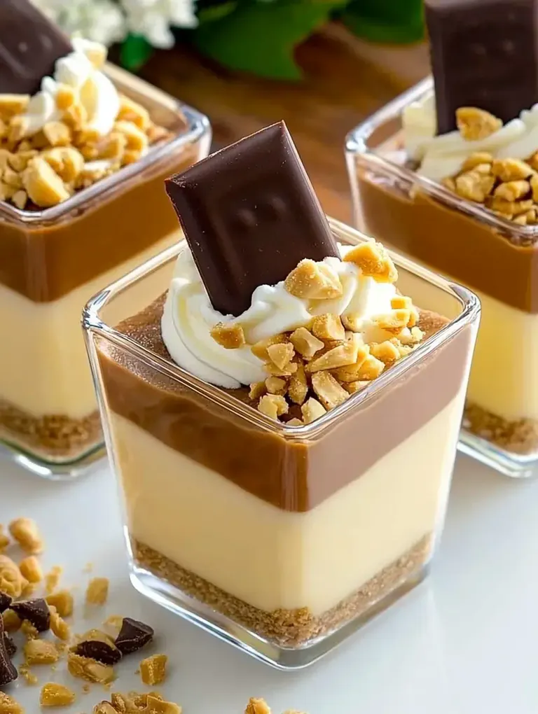 Drei gläserne Dessertbecher mit einer Schicht aus Pudding, Schlagsahne und Schokoladentafel, garniert mit gehackten Erdnüssen.