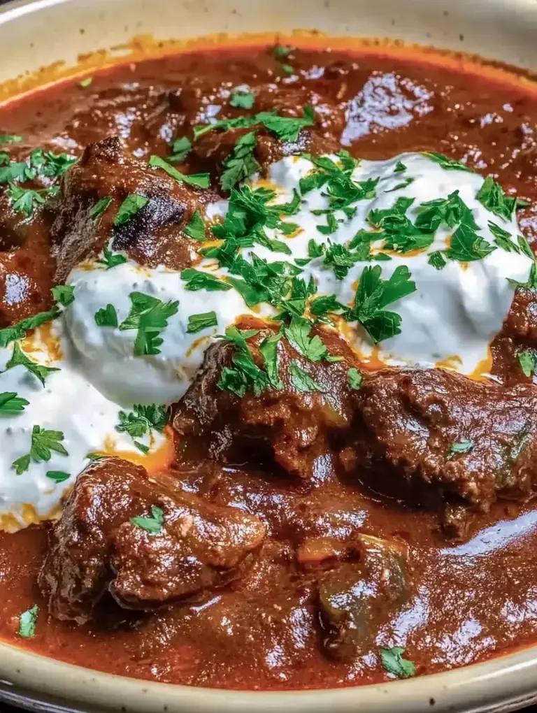 Ein herzhaftes Gericht mit saftigem Fleisch in würziger Sauce, garniert mit frischem Koriander und einem Klecks Joghurt.
