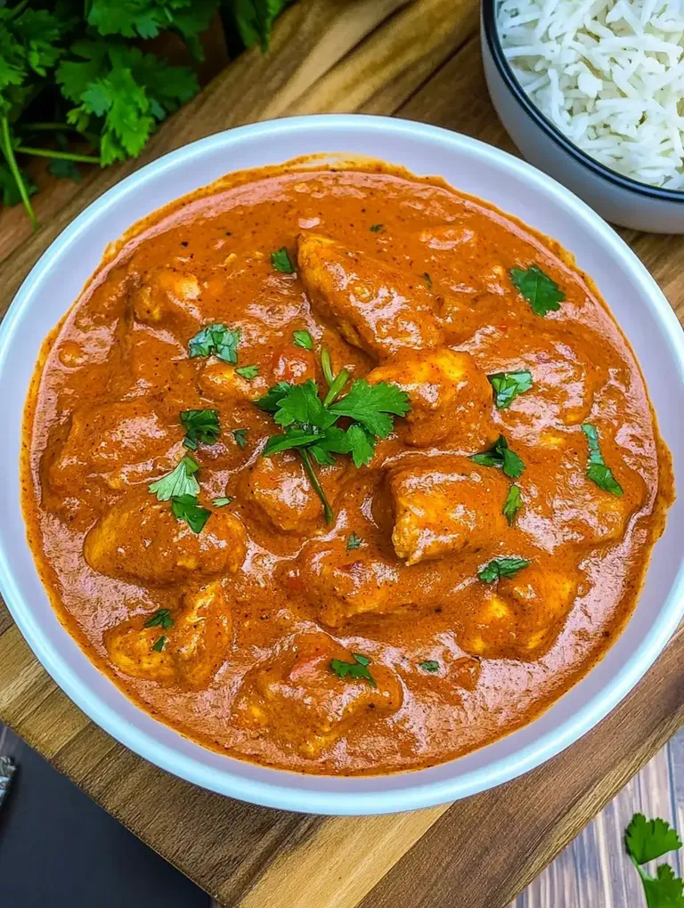 Ein weißes Schälchen mit cremigem, orangefarbenem Hähnchen-Curry, garniert mit frischem Koriander, auf einem Holzuntergrund mit einer Schüssel Reis im Hintergrund.