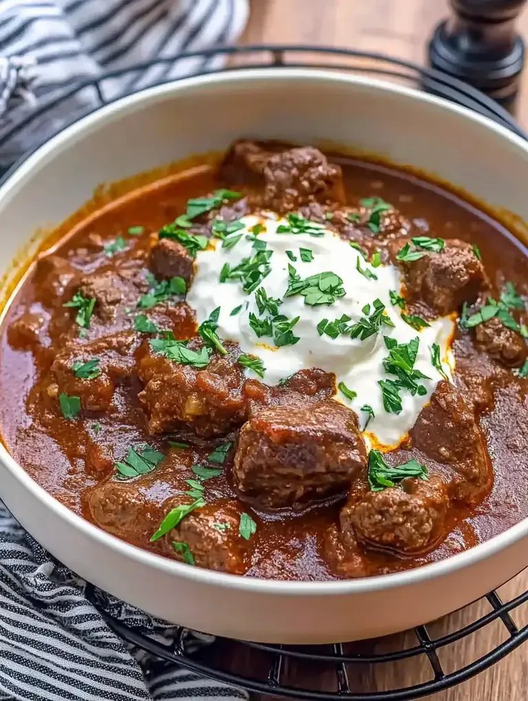 Ein Teller mit würzigem Fleischgericht, garniert mit frischen Kräutern und einer Portion saurer Sahne.