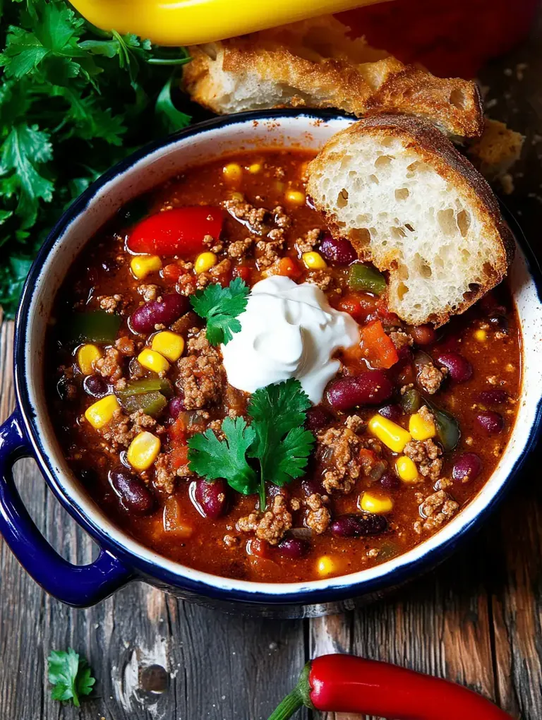 Ein Schüssel Chili mit Hackfleisch, Bohnen, Mais und Paprika, garniert mit Sauerrahm und frischem Koriander, neben einer Scheibe Brot und einer roten Chili.
