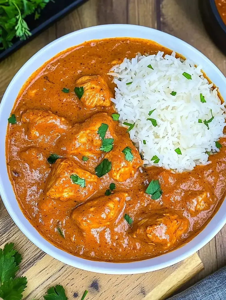 Eine Schüssel mit würzigem Hähnchen in einer cremigen Sauce, serviert mit beigem Reis und frischem Koriander.
