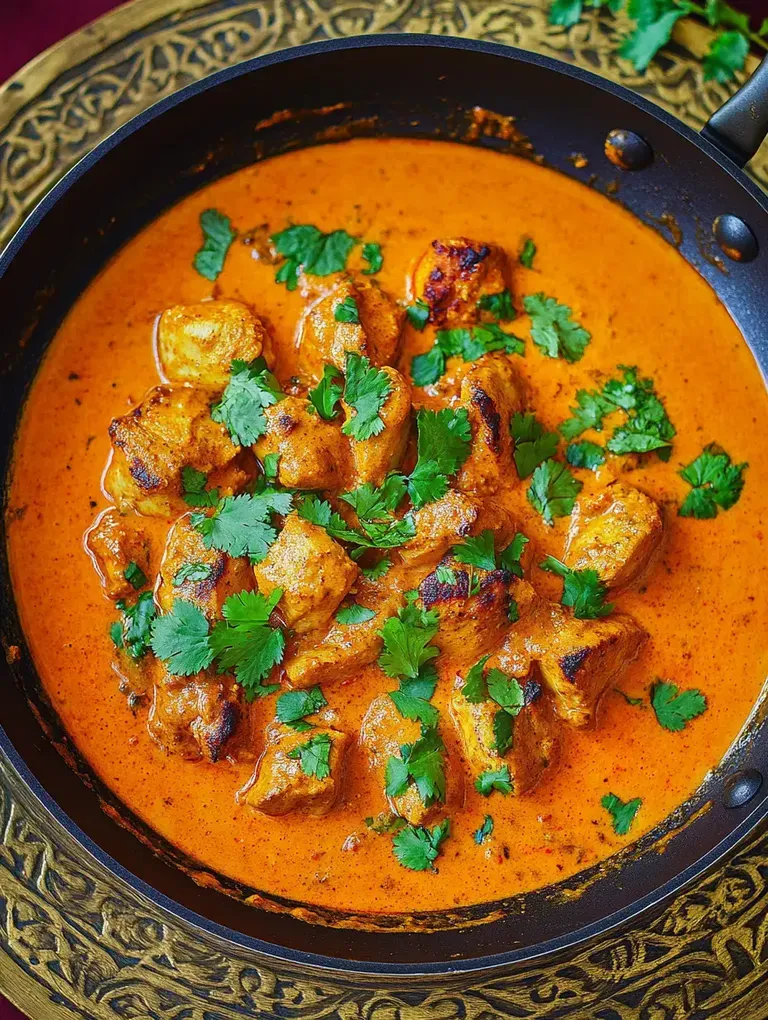 Ein Topf mit würzigem, orangefarbenem Curry, das mit Stückchen Hühnchen und frischem Koriander garniert ist.