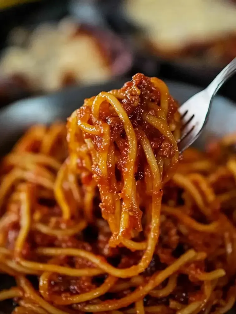 Eine Gabel mit Spaghetti in einer Tomatensauce, die über einen Teller mit weiteren Spaghetti gehalten wird.