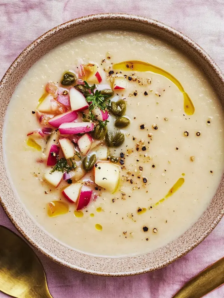 Eine Schüssel cremiger Suppe, garniert mit gewürfelten Äpfeln, Kapern und einem Schuss Olivenöl.