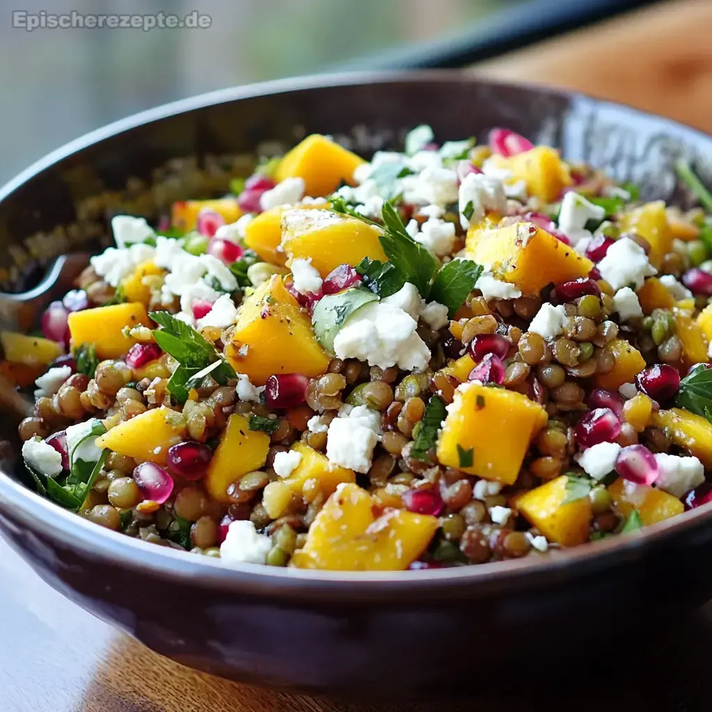Linsensalat mit Feta, Mango und Granatapfelkernen
