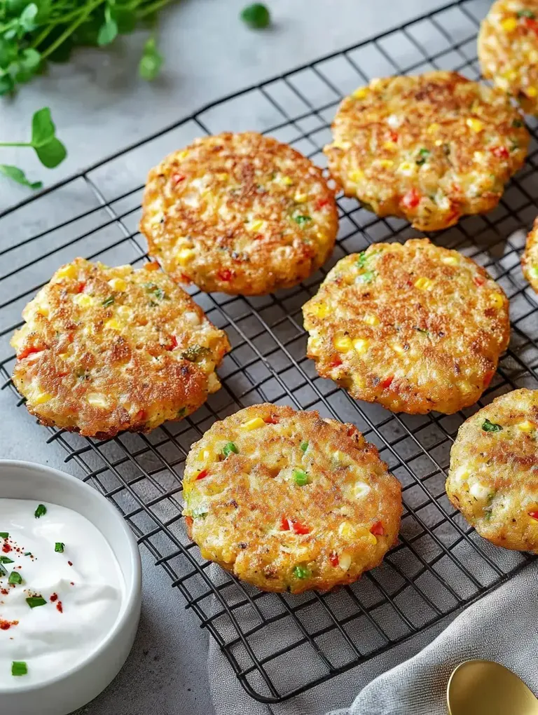 Krosse Gemüse-Patties liegen auf einem Kuchengitter neben einer Schüssel mit cremigem Dip.