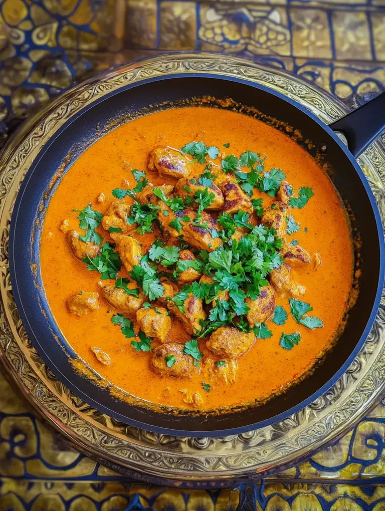 Ein Teller mit würzigem, cremigem Hühnchencurry, garniert mit frischem Koriander auf einem dekorativen Tisch.