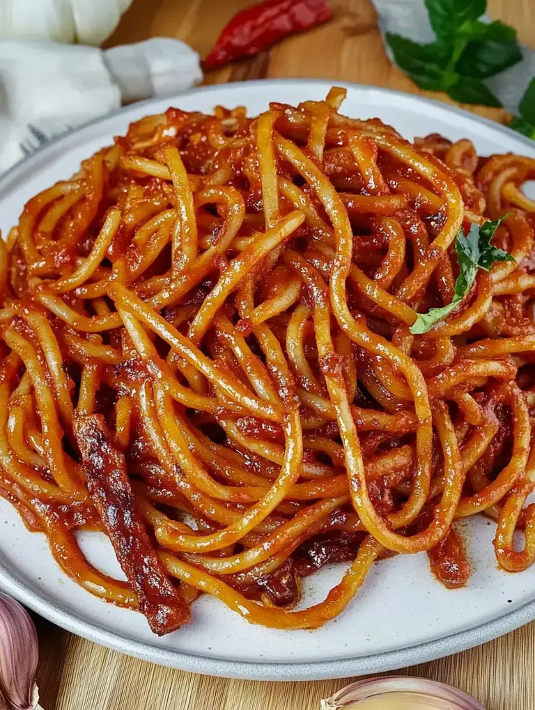 Ein Teller mit glasierten Spaghetti in einer roten Sauce, umgeben von Knoblauch und Chili.