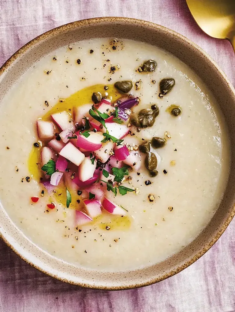 Eine Schüssel cremige Suppe, garniert mit gewürfelten Äpfeln, Kräutern und Olivenöl, auf einem rosa Tischtuch.