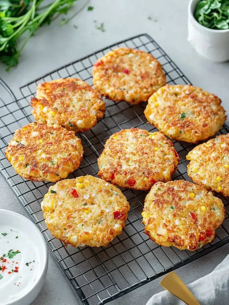 Frittierte Mais-Kartoffelpuffer liegen auf einem Kuchengitter, neben einem kleinen Schälchen mit dip und frischen Kräutern.