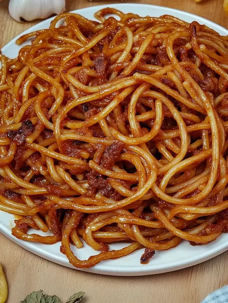 Ein Teller mit gebratenen Nudeln in einer schmackhaften, dunkelbraunen Sauce, umgeben von frischen Zutaten.