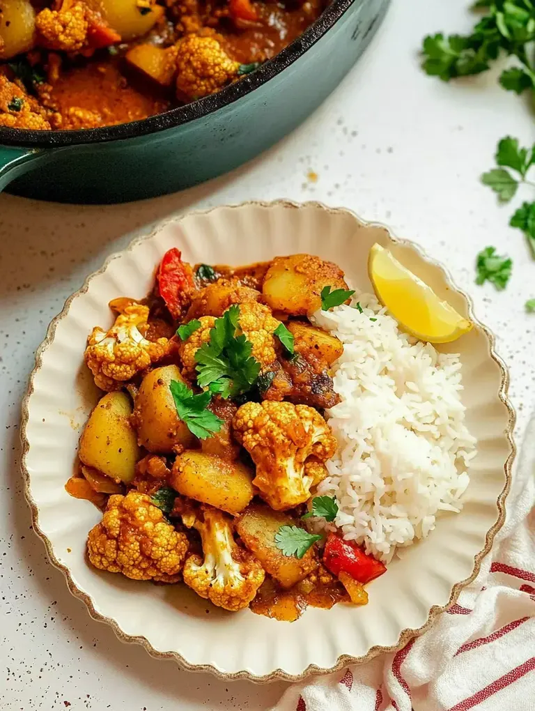Ein Teller mit Blumenkohl, Kartoffeln und Tomaten in einer würzigen Soße, serviert mit Basmati-Reis und einer Zitronenscheibe.