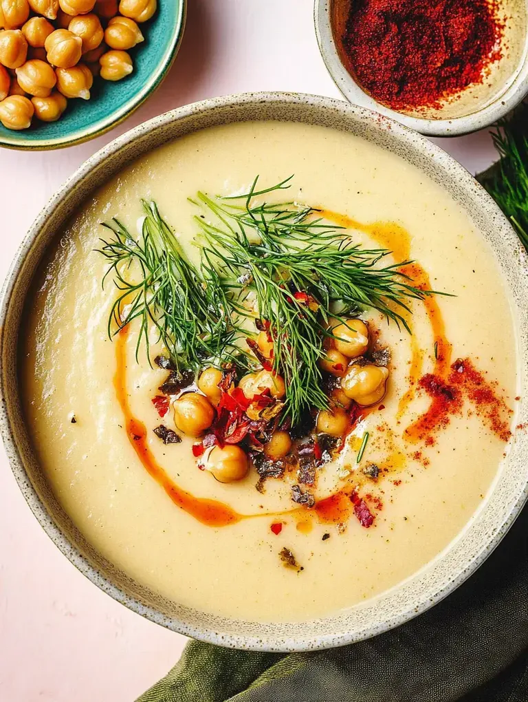 Eine cremige Suppe mit Kichererbsen, frischem Dill, Gewürzen und einer roten Chilipaste-Drizzle in einer Schüssel.