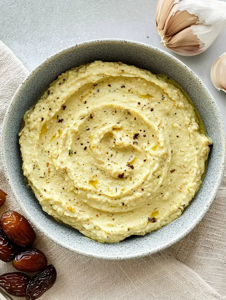 Eine Schüssel mit cremigem Hummus, garniert mit Olivenöl und Pfeffer, ergänzt von frischem Knoblauch und Datteln im Hintergrund.