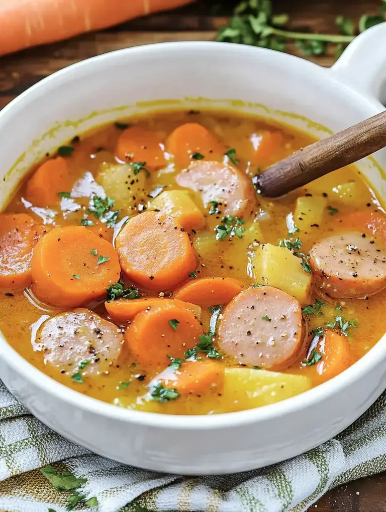 Eine Schüssel mit Gemüse- und Würstchensuppe, garniert mit Petersilie und umgeben von Karotten.